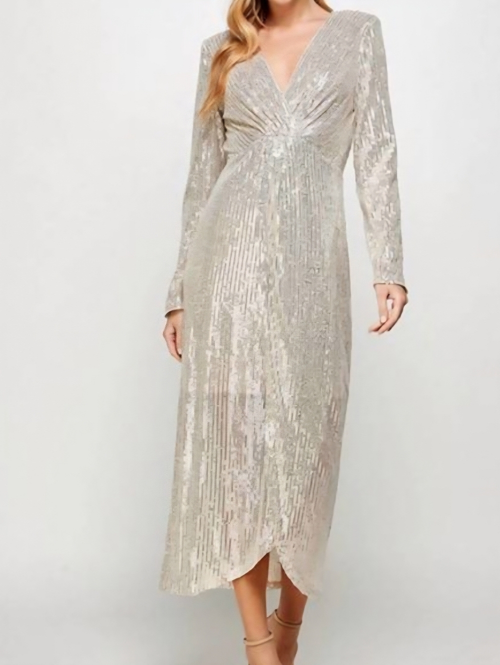 See And Be Seen Aubrey Silver Long Sleeve Sequin V-Neck Evening Midi Dress Sz S